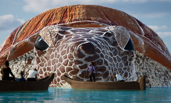 A giant turtle takes over the photo, but then we see people floating under the turtle's nose in two traditional west coast canoes.