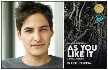 Two photos: At left is a man's face. He has dark short hair. At right is the cover of a text. As You Like It is printed in white over a tangle of tree roots.