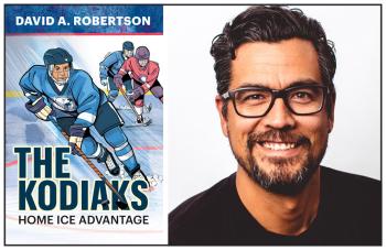 Two photos: At left is the cover of a book with an illustration of boys playing hockey. At right is a photo of the author.