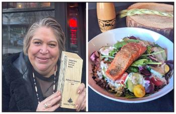 Two photo: At left is a woman holding up an award by her face. At right is a dish of salmon atop of mixed greens.