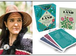 A left woman wearing a cedar woven hat looks out from a field. At right is the new Held by the Land card deck and plant guide. 