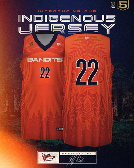 Front and back of the Indigenous jersey of the Vancouver Bandits basketball team.