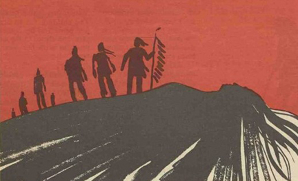 An illustration of the silhouettes of men with braids against a blood red background. One man in the front carries and eagle staff. Beneath their feet looking like a mountain is a woman laying upon the ground, her long hair sprawling.