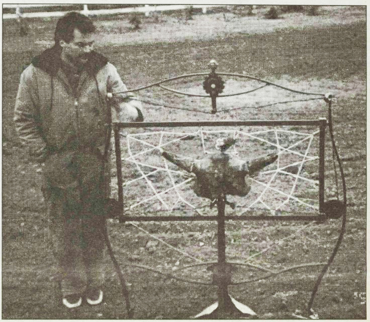 A man stands beside an metal art piece with a Buffalo skull placed in the centre of a webbing of barbed wire