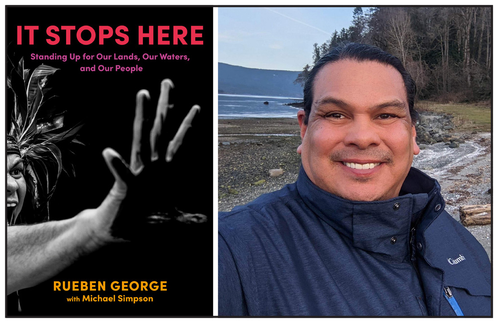 Two photos: On left the cover of the author's book. On it is a photo of a hand coming up in a "Stop" motion. At right is the author on a west coast shoreline.