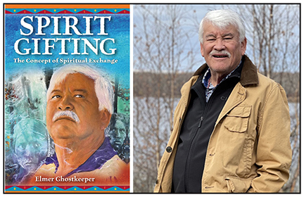 Two photos: At left is the book cover of Spirit Gifting. It has an artist's rendering of the author on it. At right is a photo of the author out among the trees near a body of water.