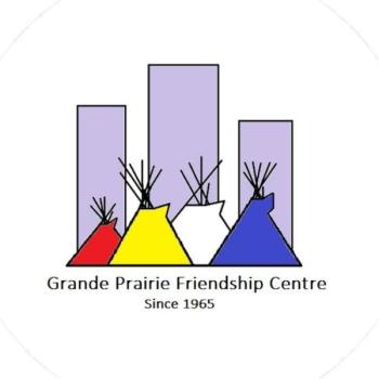 Logo of Grande Prairie Friendship Centre shows tipis in the medicine wheel colors against a backdrop of vertical boxes to look like a city skyline.
