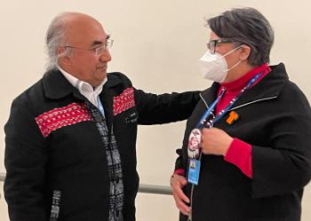 Francisco Calí Tzay, special rapporteur on the rights of Indigenous Peoples, with Assembly of First Nations National Chief RoseAnne Archibald.