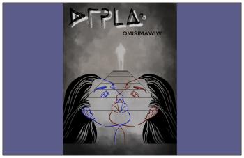 Omisimawiw play poster shows a graphic of two female Indigenous women overlaping with a vague figure in white in the background between them.