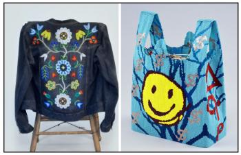 Beaded Jacket and beaded bag with a happy face on it.