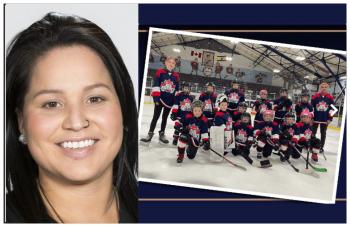 Brigette Lacquette head shot, with a team hockey photo of young players in uniform.