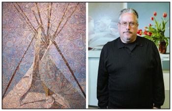 Two photos: One is a painting of a tipi with multi-coloured dots in circles over the piece. At right is the artist, in a black shirt. He stands in from of artworks. He isn't smiling. He has salt and pepper hair and wears glasses.