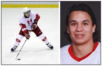 Two photos: At left is a photo of a male hockey player with the puck on his stick on the ice. At right is a head and shoulders shot of the hockey player in a white jersey with red trim.