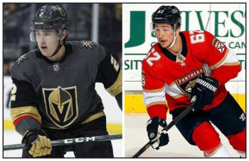 Two photos, to men. One hockey player wears a Golden Knights uniform and the other wears a Florida Panthers uniform.