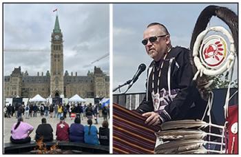 Two photos: At left a photo of Parliament Hill in Ottawa where people are gathered on the lawn and by the sacred fire. At right a photo of a man speaking at a podium beside an eagle staff with a logo of the Chiefs of Ontario on it.