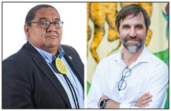 Photos of two men: At right a First Nations man in a suit. At right a man wearing a white shirt with his arms crossed in front of him. He is smiling.