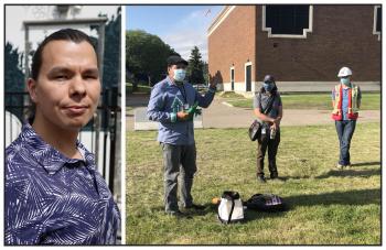 Two photos: At left is a photo of a man looking over his shoulder at the camera. At right from 2021: Three masked people are standing on a grassy area in front of a brown brick building taking part in an Indigenous ceremony.