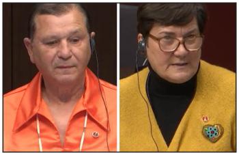 Two photos: At left a man in an orange shirt. At right a woman wearing a mustard coloured sweater. Both where pins on their lapels.