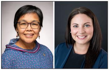 At left is a woman wearing a traditional Inuit dress. At right is a woman in a blue suit jacket. Both are smiling for the photos.