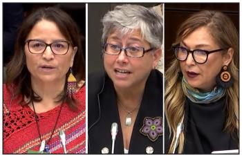 Three photos of three women speaking into microphones in a meeting.