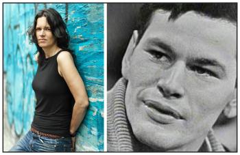 Two photos: At left a woman leans with her back against a peeling blue painted wall. At right is a black and white photo of a man in a heavy knit sweater.