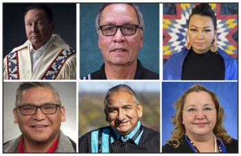 Six photos of people running for the position of national chief of the Assembly of First Nations, four men and two women.