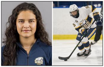 Two photos: At left is a head and shoulders shot of a young woman in a blue golf shirt with a UBC Thunderbirds logo on it. She has long curly hair that hangs over one shoulder. At right is a hockey player on ice. She is in a white jersey with blue and yellow accents. The puck is on her stick as she skates.