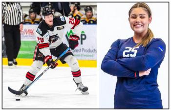 At left a hockey player on the ice prepares to take a shot on net. At right a young female soccer player stands with her arms folded across her chest. She is smiling at the camera.