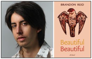 Two photos: At left is a head and shoulders shot of the young author. He has brown longish hair and a bit of stubble on his upper lip and chin. At right is a salmon-coloured cover of a book. Dominante is an illustration of a bird with wings bent close to the body, but out to the sides slightly.