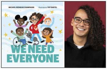 Two photos: At left is the cover of the children's book "We Need Everyone". It is illustrated with stars and features a diverse group of children playing. And there's a cat. At right is the author smiling towards the camera.