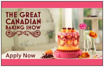A fancy decorated cake sits on a fancy decorated table in the casting call image for the Great Canadian Baking Show.