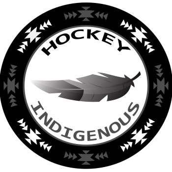 The logo for Hockey Indigenous looks like a hockey puck with the name of the website printed around a feather in the centre.