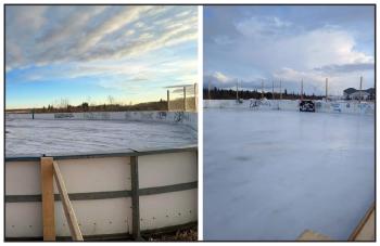 Two photos, both showing disrepair of an outdoor ice rink, including grafitti over the boards..