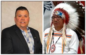 Two photos: On the left is a man in a dark suit. On the right is a man in a white shirt wearing a feather headdress.