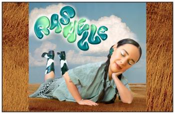 A artists rendering of a woman with braids on her belly on a field of brown grasses. She leans her head on the hand, eyes closed in a dreamy fashion. He cow hide boots stick up behind her into a cloudy sky. It reads Rachelle in a balloon font above her heels.