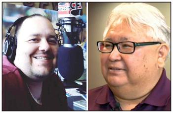Two photos: At left a man sits at a microphone in a radio station booth. At right is a man wearing glasses looking left.