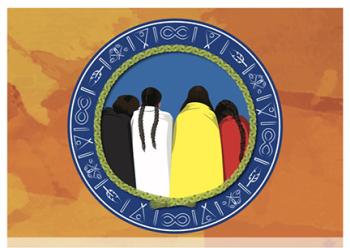 The medicine wheel colours-black, white, yellow and red-are worn in an illuatration of four people standing with their backs to us.