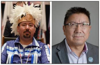 Two photos, two chiefs. At left one wears his feather head piece.