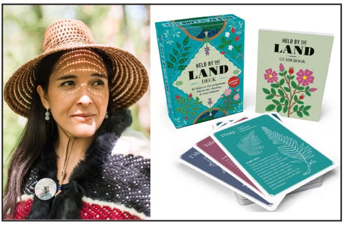A left woman wearing a cedar woven hat looks out from a field. At right is the new Held by the Land card deck and plant guide. 