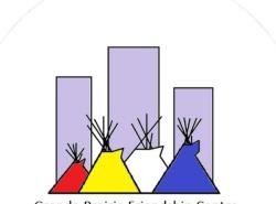 Logo of Grande Prairie Friendship Centre shows tipis in the medicine wheel colors against a backdrop of vertical boxes to look like a city skyline.
