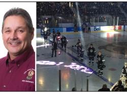 Little NHL hockey opening ceremonies with Indigenous NHL alumni players on the ice.