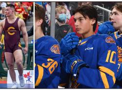 Two photos: At left is a man in a marroon and gold wrestling uniform with Stingers written on the chest. At right are teen boys in blue hockey uniforms with their sticks. One teen in the middle stands out as the subject of the photo. He has smooth short black hair and is looking intently off to the left.