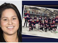 Brigette Lacquette head shot, with a team hockey photo of young players in uniform.