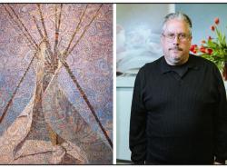Two photos: One is a painting of a tipi with multi-coloured dots in circles over the piece. At right is the artist, in a black shirt. He stands in from of artworks. He isn't smiling. He has salt and pepper hair and wears glasses.