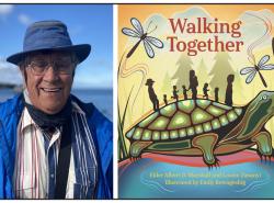 Two photos: At left a man looks into the camera smiling. He wears a blue hat and coat. At right is an illustration of a turtle. Silhouettes of small people walk on its back. Dragonflies, trees and bullrushes surround them.  