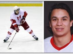 Two photos: At left is a photo of a male hockey player with the puck on his stick on the ice. At right is a head and shoulders shot of the hockey player in a white jersey with red trim.