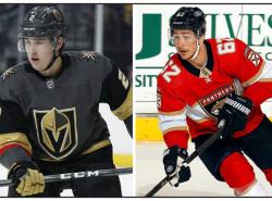 Two photos, to men. One hockey player wears a Golden Knights uniform and the other wears a Florida Panthers uniform.