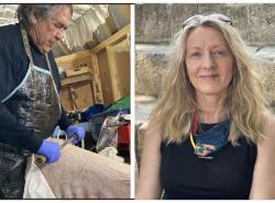 Two photos: At left an older man in an apron  works on a moose hide. At right a woman sits smiling at the camera.