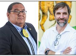 Photos of two men: At right a First Nations man in a suit. At right a man wearing a white shirt with his arms crossed in front of him. He is smiling.