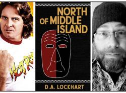 Three photos: At left is a photo of wrestler Rowdy Roddy Piper wearing his signature with T-shirt with the word Hotrod on it. Middle: The cover of a book that has a mask on it. At right a photo of a bearded man wearing black toque.